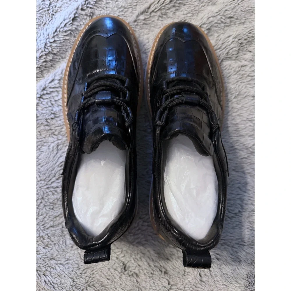 Mens Black Crocodile Embossed Wingtip Brogue Lug Sole Dress Shoes 9.5 60818